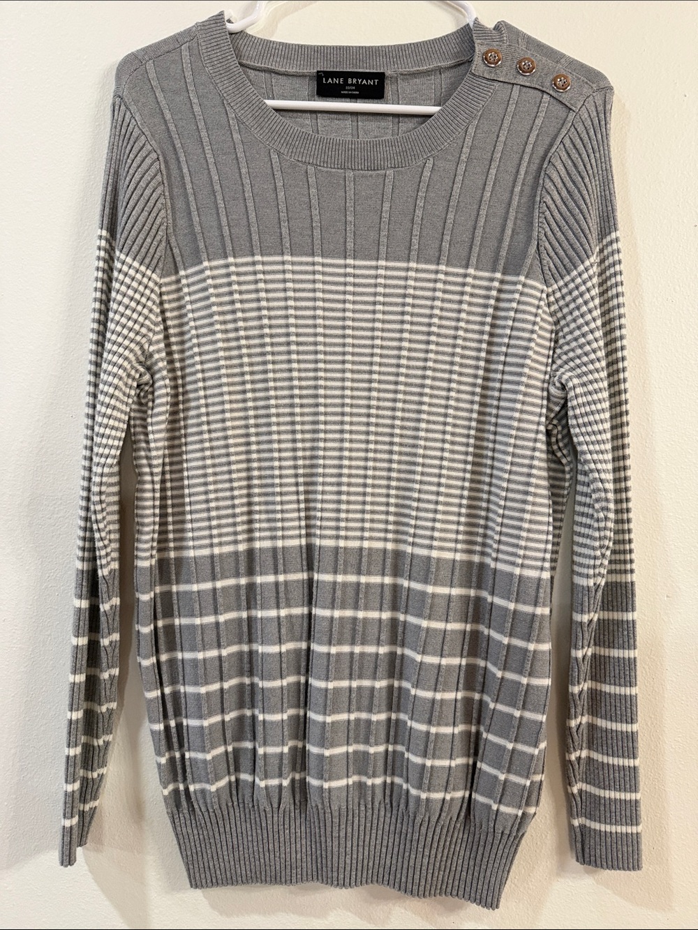 Lane Bryant Gray & White Ribbed Striped Crewneck Sweater with Shoulder Buttons